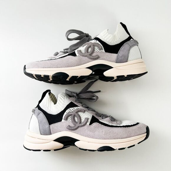 Chanel CC Tennis Shoes Suede Knit Trainer Sneaker Eu 38 US 7-7.5 - Picture 8 of 12